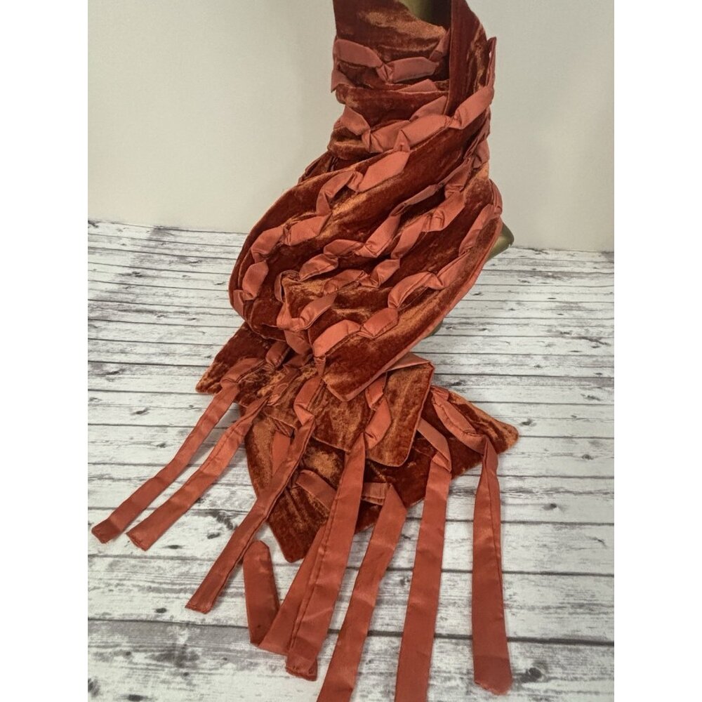 Vintage Y2k Burnt Orange Velvet Scarf Neck Fringe Boho Hippie Festive Holiday - Picture 2 of 10